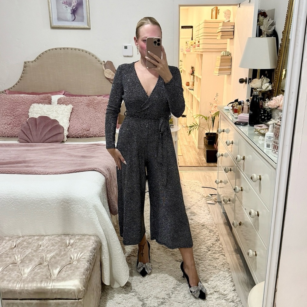 Black with silver glitter wide legged jumpsuit - perfect for the holidays!